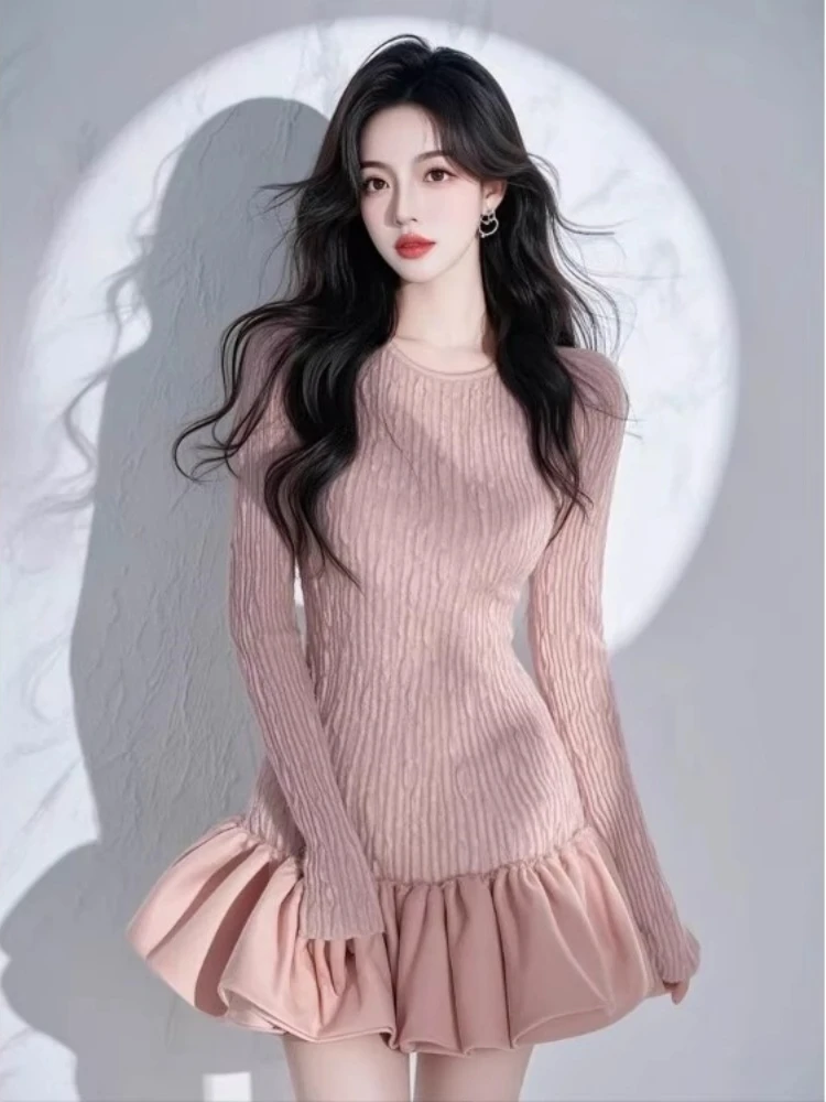 Temperamento rosa floral bud vestido rosa para mulheres primavera outono luxo cintura mostrar magreza camada interna emparelhado vestidos curtos