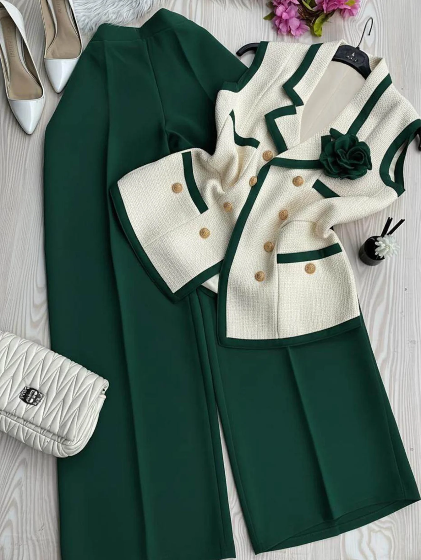 Women's Sleeveless Vest Two‑Piece Set Contrast Trim Double Breasted Decorative Flower High Waist Straight Long Pants Ladies Suit
