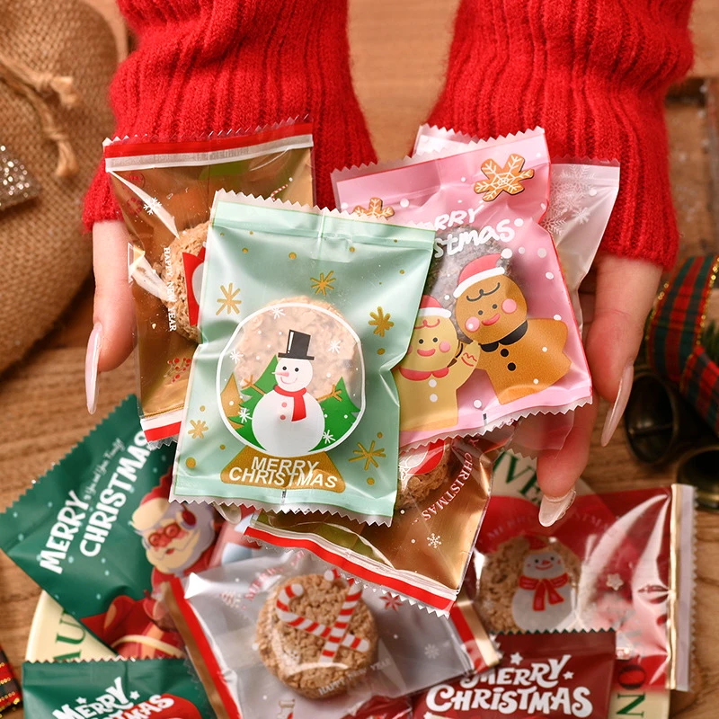 100pcs Christmas Nougat Packaging Bags Xmas New Year Party Santa Nougat Cookie Snowflake Pastry Plastic Pouch Christmas Supplies