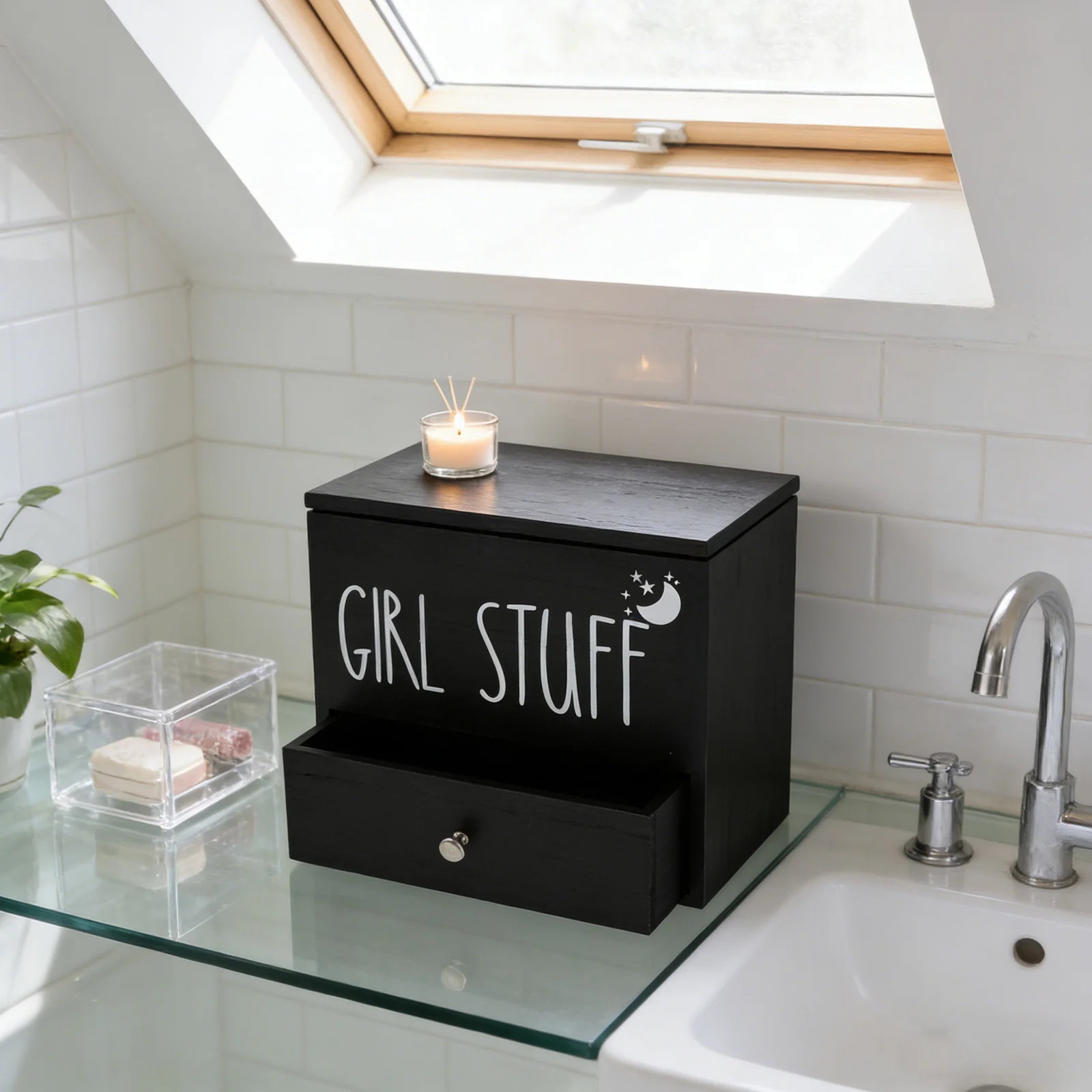 

Wooden Tampon Holder with Lid Black Moistureproof Bathroom Organizer Pad Container Large Capacity Sanitary Napkin Holder Storage