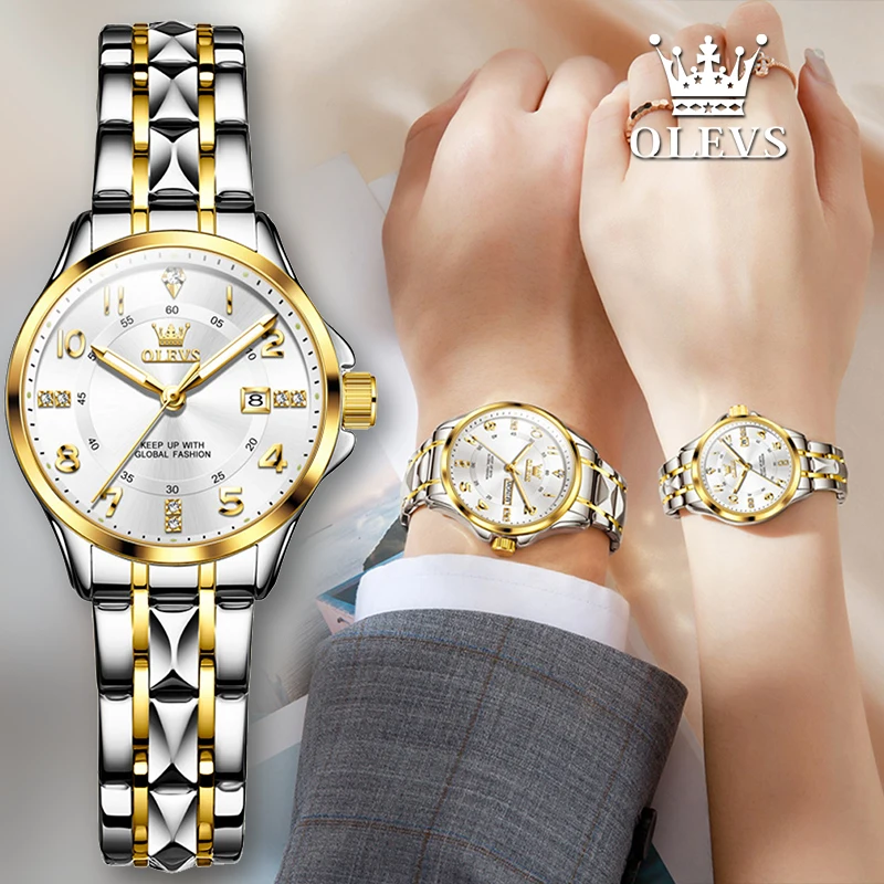 olevs-プレミアムカップルウォッチ高級エレガントビジネスゴールドスチールストラップファッションクォーツ腕時計恋人のためのバレンタインギフトボックス