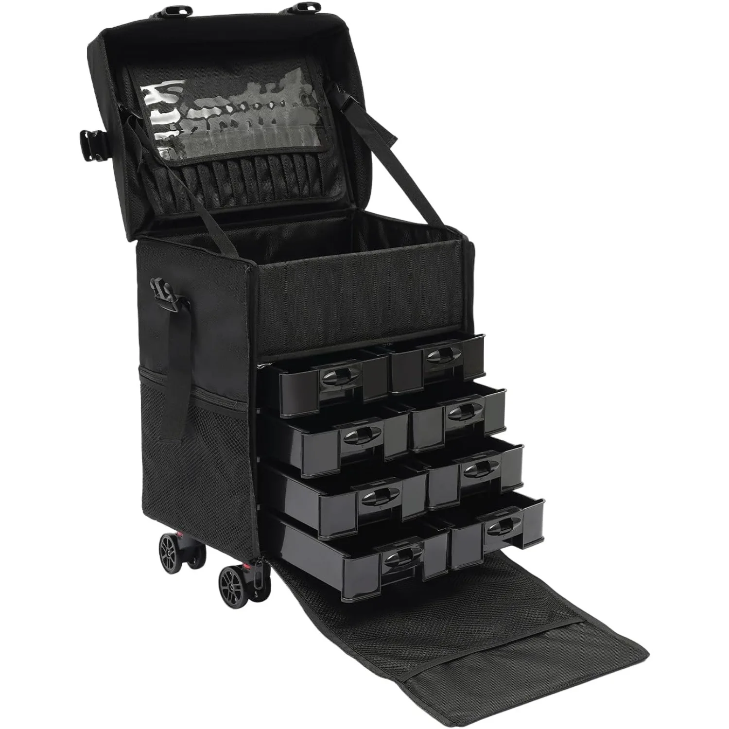 Estojo de maquiagem com rodinhas, puxado à mão, com 8 gavetas removíveis, estojo de maquiagem com rodas universais e fivela de inserção reta