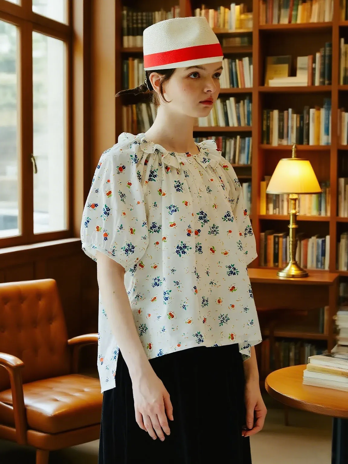 

Блузка с короткими рукавами со свежим цветочным принтом, незаменимая для летних прогулок, демонстрирующий романтический шарм 234134.