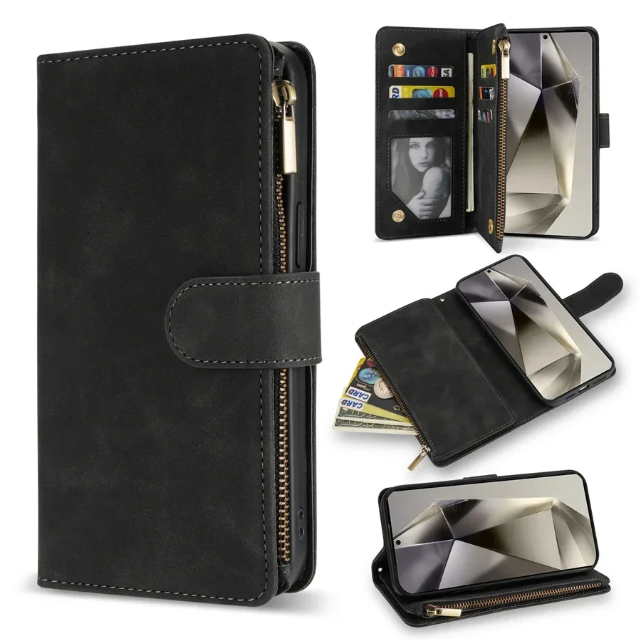 Portemonnee Multi-card Rits Magnetische Flip Lederen Hoesje voor Samsung Galaxy S26 S25 FE S24 Plus S23 S22 Ultra A16 A17 A36 A37 A56 A57