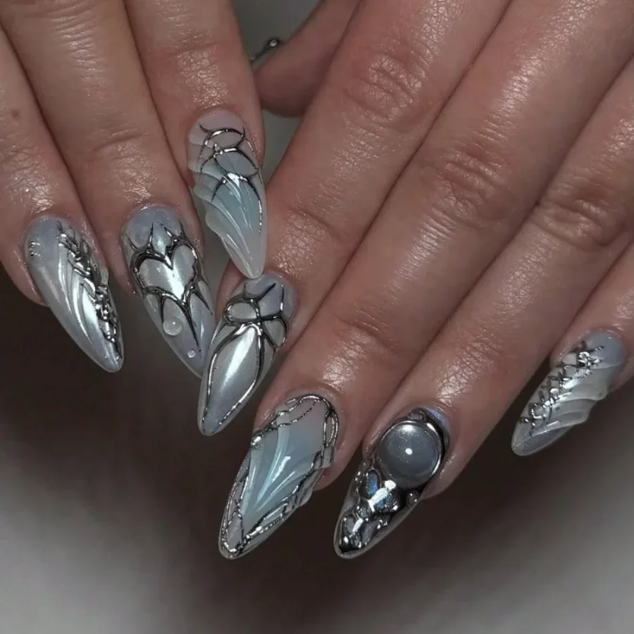 

24 шт. светло-голубых накладных ногтей Y2K в форме миндаля, многоразовые искусственные ногти для женщин, для повседневного использования