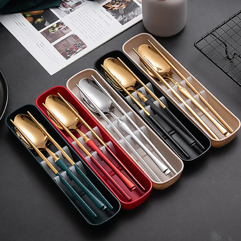 

1Set Stainless Steel Small Waist Portable Tableware Fork Spoon Chopsticks Outdoor Gift Student Three Piece