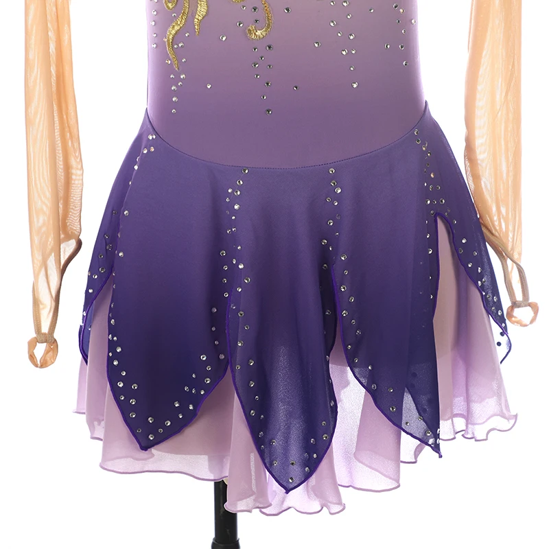 Figure skating performance outfit, skating outfit, competition dress, purple gradient gold floral long sleeved shirt view 3