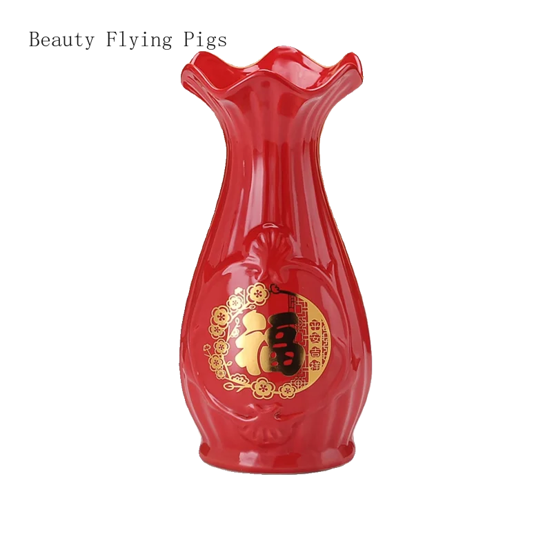 

1PCS red ceramic vase with auspicious characters for wedding family living room tabletop decoration