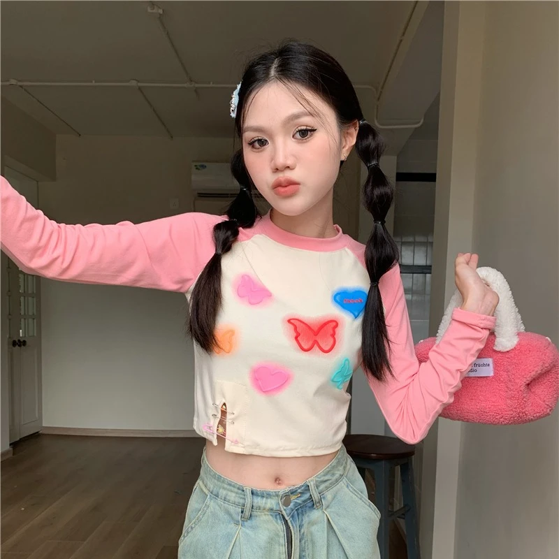 Women's T Shirt Spring New Color Collision Butterfly Print Long Sleeve Tops Sweet Versatile Short Tees Female Graphic T-shirts