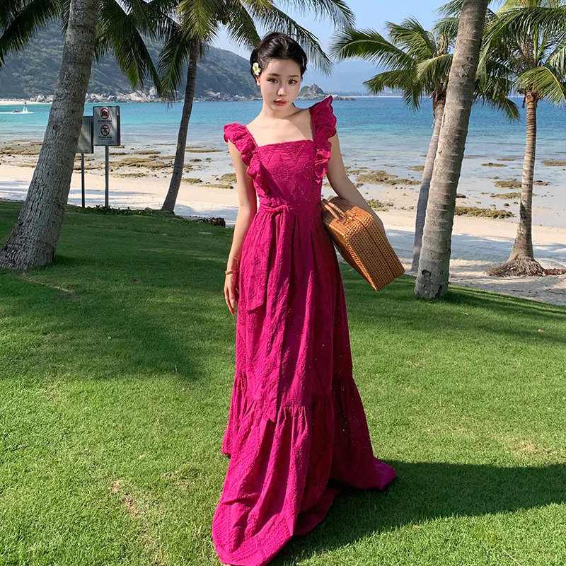 Summer Women Dress Bohemian Beach Flying Sleeve Long Dress Ladies Rose Red Backless Lace Vestido Party Prom Casual Female Dress