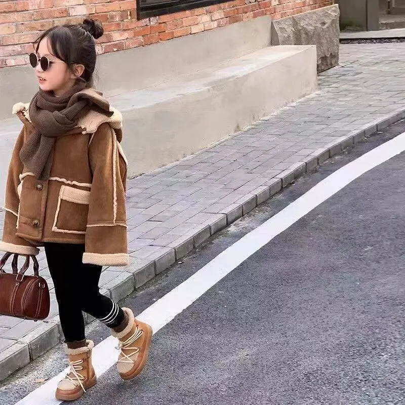 Kids' Maillard Coat Lamb Wool & Fur Reversible Jacket for Boys & Girls, Trendy Winter Wear