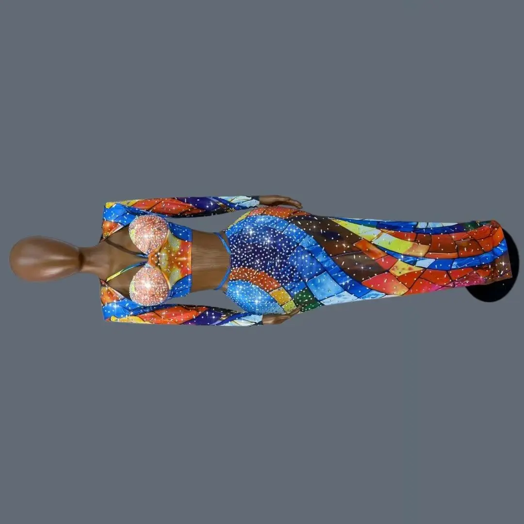 Colorful Print Mesh Stage Outfit Crop Tops Long Skirt 2Pieces Set Sparkly Rhinestone Bustier Long Shoulder Dance Wear Huanxingge