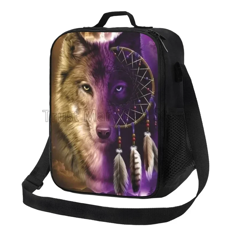 

Dream Catcher Wolf Thermal Lunch Bag Insulated Cooler with Adjustable Shoulder Strap Reusable Bento Tote for School Work Picnic