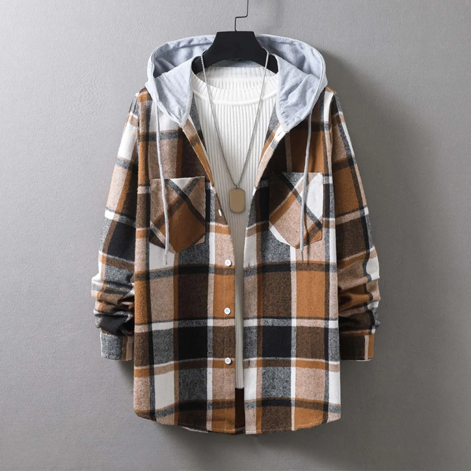 

Men Plaid Splicing Hoodie Fashion Streetwear Spring Autumn Plaid Loose Long Sleeved Hooded Shirts Coat Male Casual Shirt Top