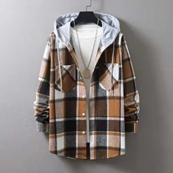 Men Plaid Splicing Hoodie Fashion Streetwear Spring Autumn Plaid Loose Long Sleeved Hooded Shirts Coat Male Casual Shirt Top