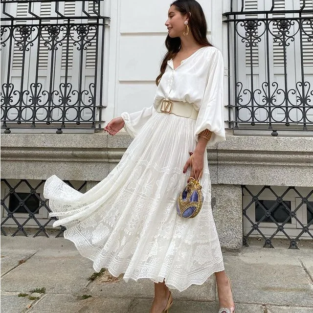 

Stylish White Lace Maxi Dress For Women's Elegant Office Women Autumn Long Sleeve Button-Down Shirt Long Women Dresses Oversized