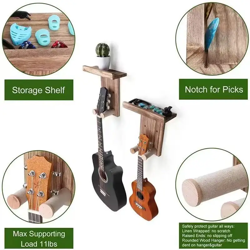 Guitar Wall Mount Wood Guitar Hanger Rack Guitar Holder Hook Stand with Shelf Pick Holder for Acoustic Electric Bass Ukulele