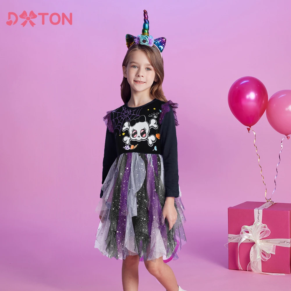 

DXTON Winter Flare Sleeve Princess Dress Spider Skull Print Irregular Tulle Kids Dress Halloween Cosplay Party Children Costumes