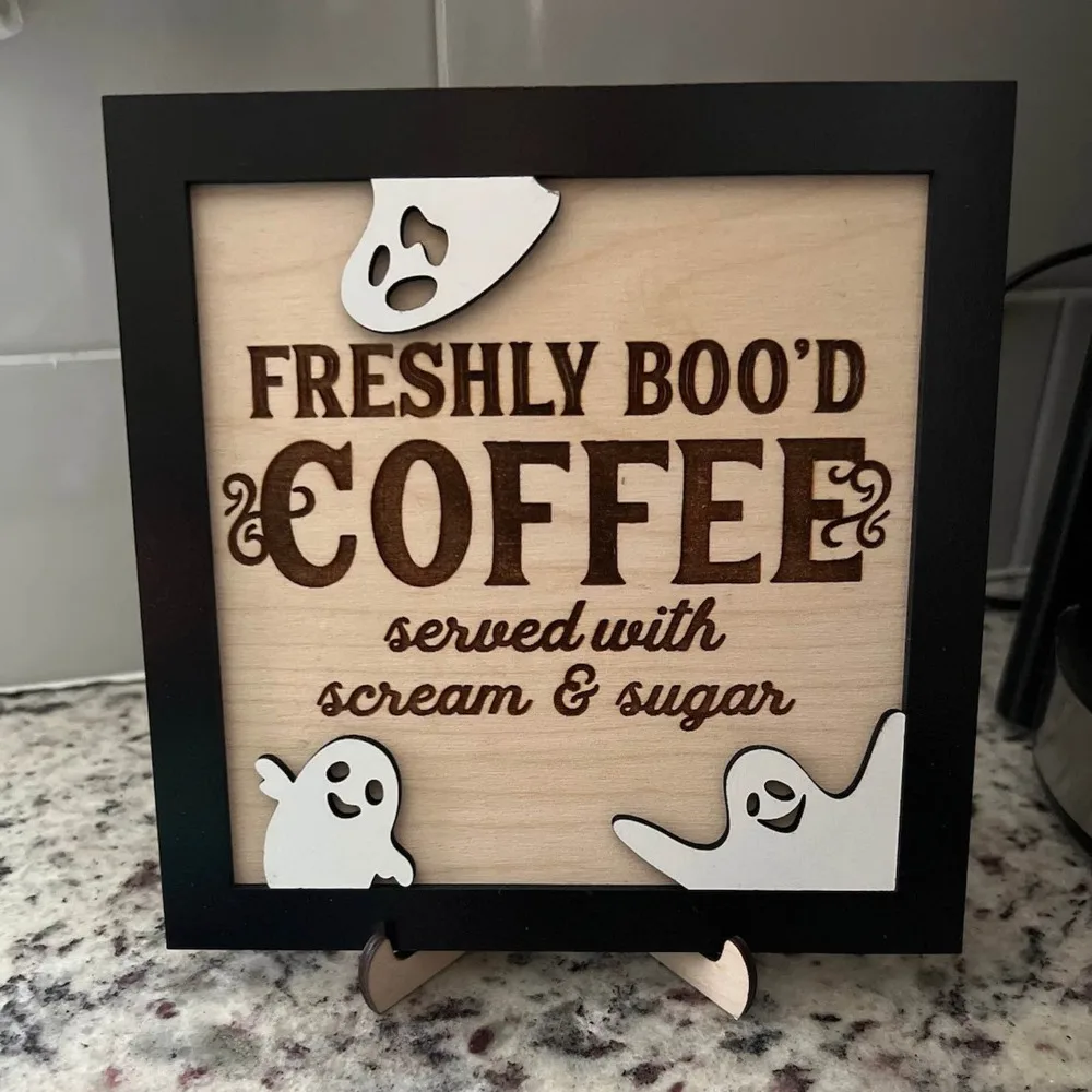 Funny Wooden Ghostly Ornament Sign Freshly Boo'd Coffee Coffee Sign Desktop Plaque 3D Double-Layered Halloween Decor Halloween