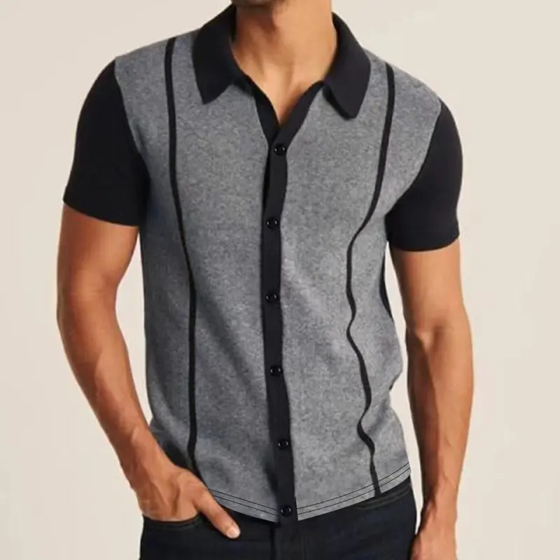 Camiseta de manga corta para hombre, camiseta de retales, camisa Formal con solapa de botón delgada, ropa de calle, Polo de punto a la moda, verano, 2023