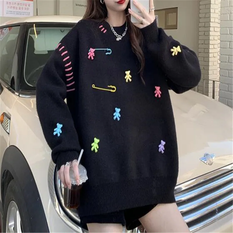 Stylowy koreańskie Kawaii sweter damski jesienno-zimowy z długim rękawem luźne góra sweter z okrągłym dekoltem codzienna moda damska elegancki
