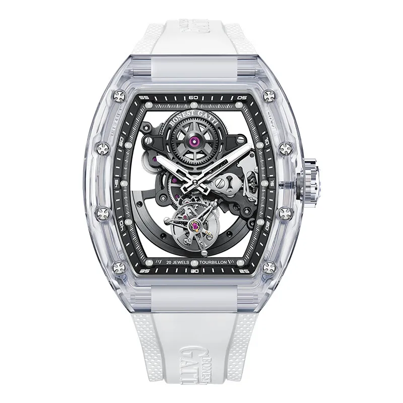 BONEST GATTI Men Automatic Watch 45mm Tourbillon Tonneau Mechanical Wristwatch Acrylic Case Skeleton Dial Luminous