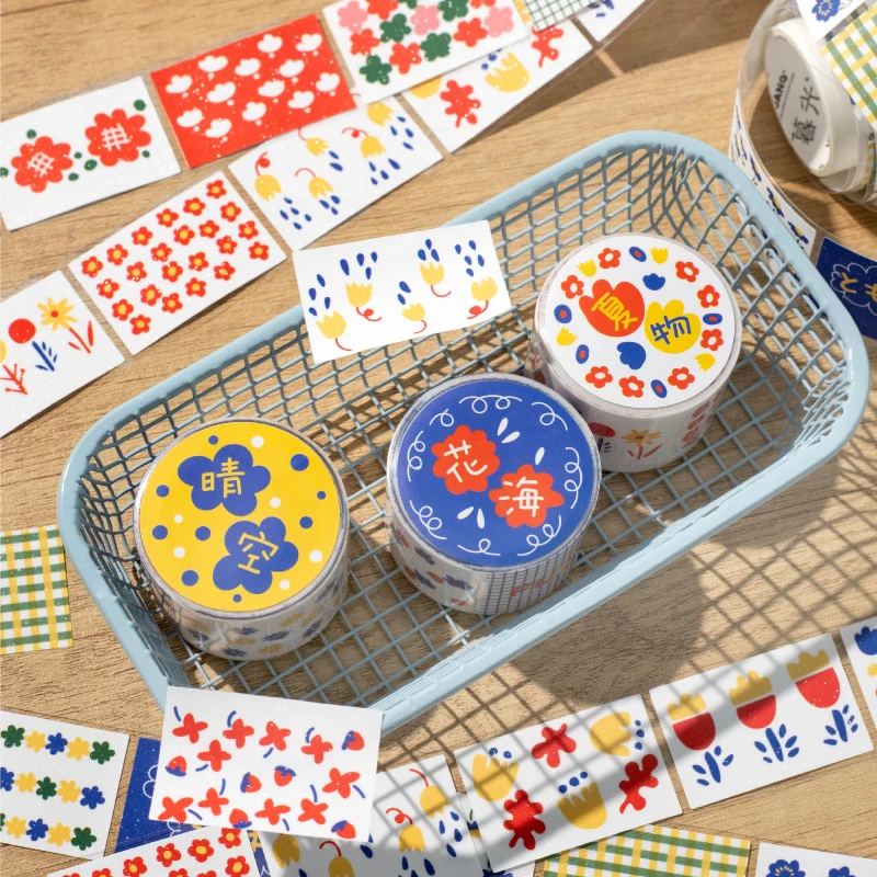 Kawaii Floral Print Label Sticker Tape Creative Collage Handmade Journal DIY Diary Album Scrapbook Aesthetic Stickers