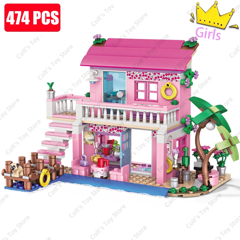 

2024 City Bilayer Seaside Villa House Building Blocks Classic Girl Friendship Street View Princess Figure Model Bricks Toy Gifts