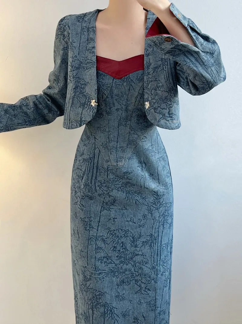 MiiiiX Chinese Style Jacquard Short Denim Jacket Strap Long Dress Spliced Dress Sets 2024 Autumn Elegant Women's Two-piece Set