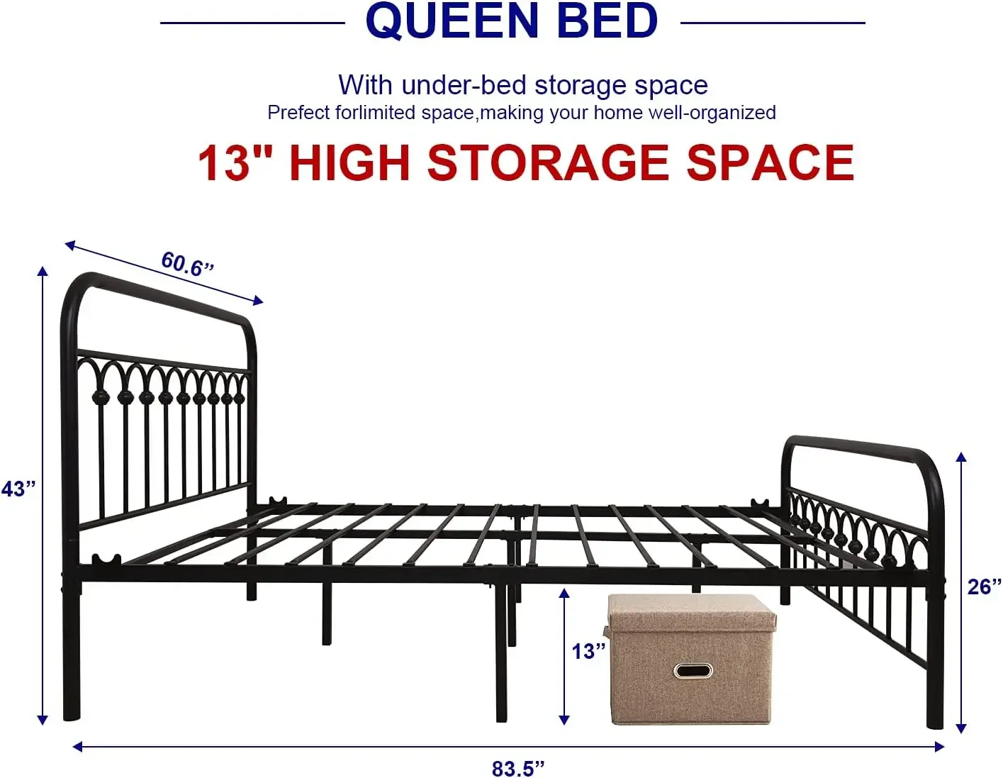 Metal Bed Frame Queen Size with Vintage Headboard and Footboard Platform Base Wrought Iron Bed Frame (Queen,Black)