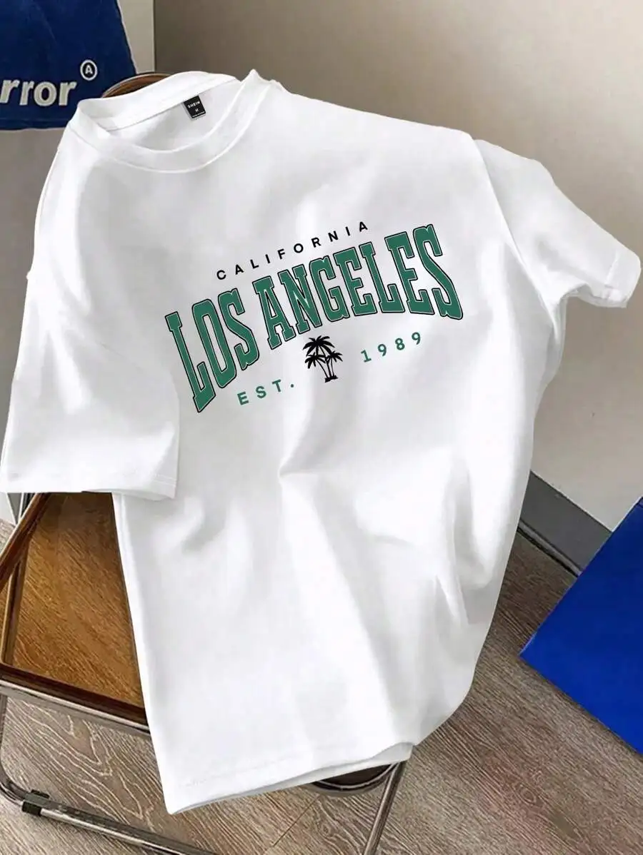 Camiseta de Hombre Joysei, Blanca, Tejida, con Estampado Gráfico de Los Ángeles, Manga Corta y Cuello Redondo, Corte Regular