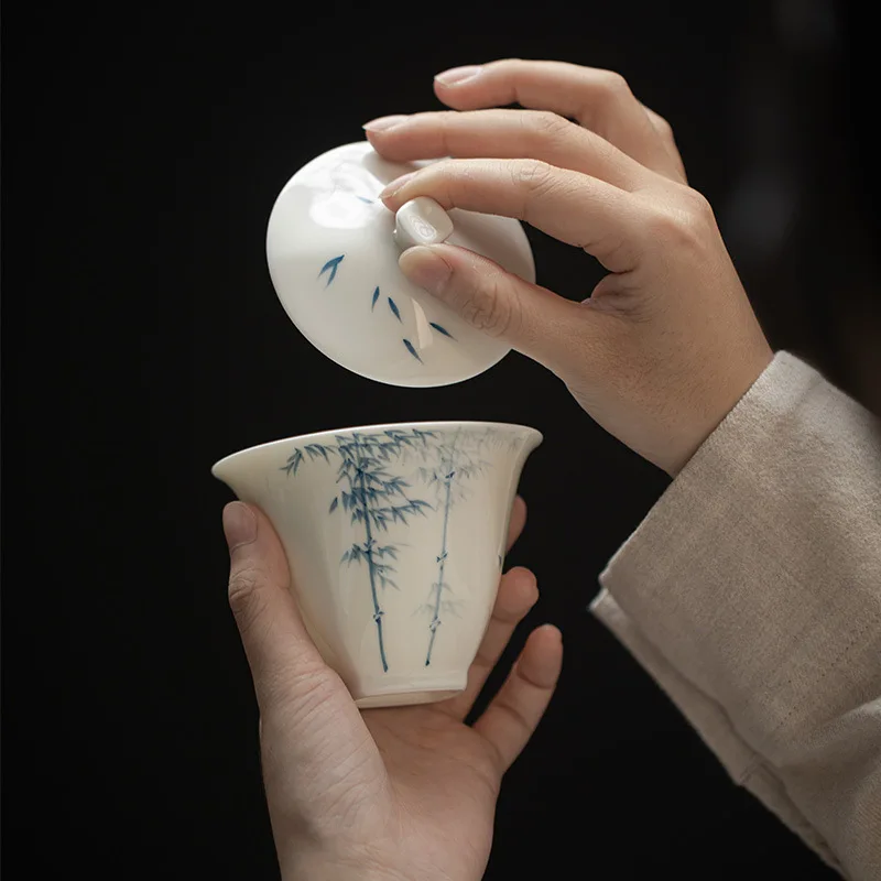 Jade Clay White Porcelain Hand-painted Blue and White Bamboo Gaiwan Chinese Style Simple Tea Making Bowl