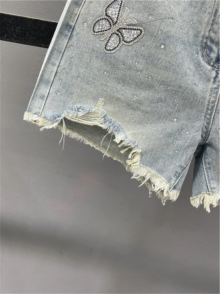 Jeans curto e pesado de borboleta feminino, borla com broca quente, solto, perna larga, shorts jeans de luxo, moda verão 2022