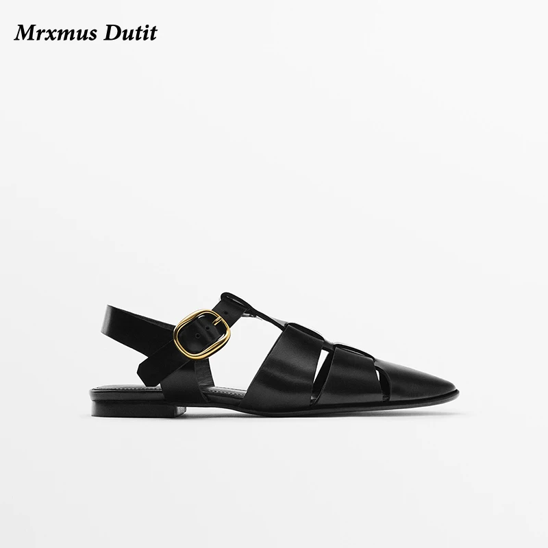 Mrxmus Dutit 2023 Summer New Fashion Women New Vintage Pointed Head Hollow Flat Sandals Versatile Simple Roman Shoes Female Chic