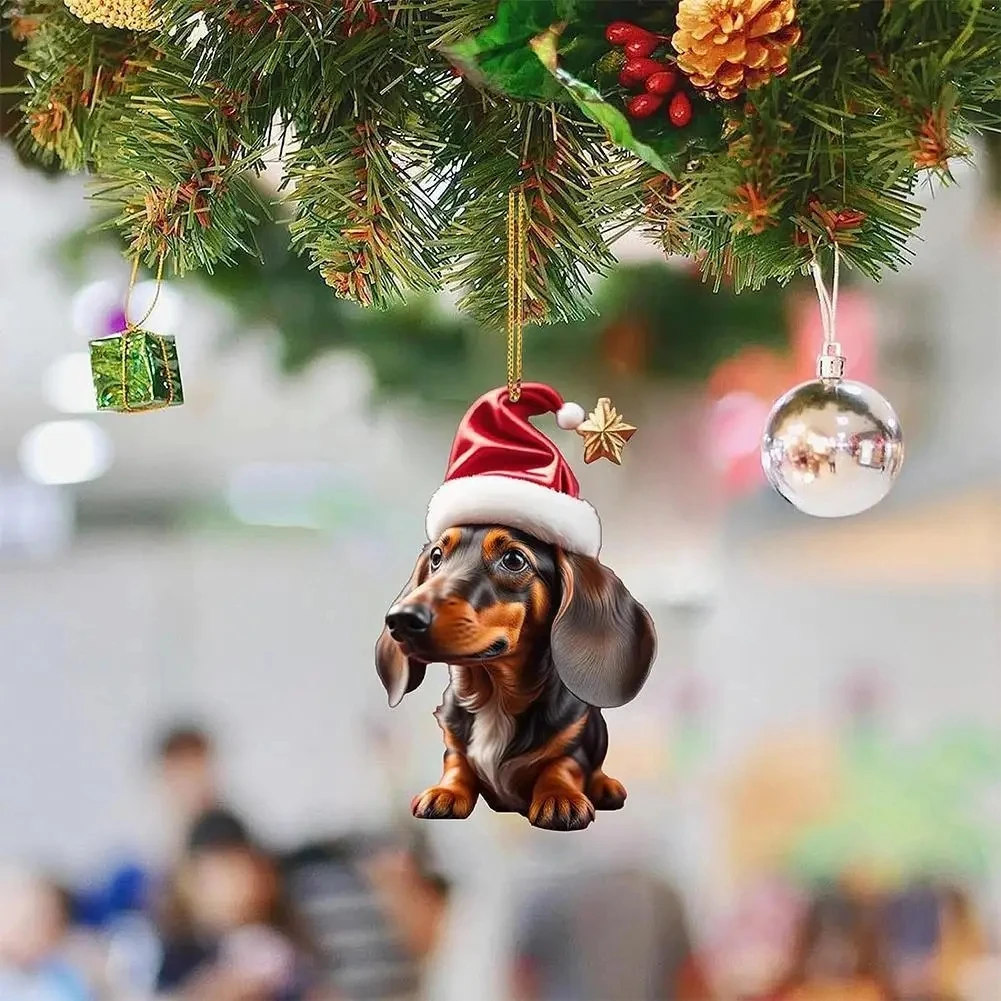 Christmas Cartoon Cute Dog Cat Ornaments Dachshund Dog Hanging Decoration Xmas Tree Pendant Home Party Supplies Car Decor Gifts