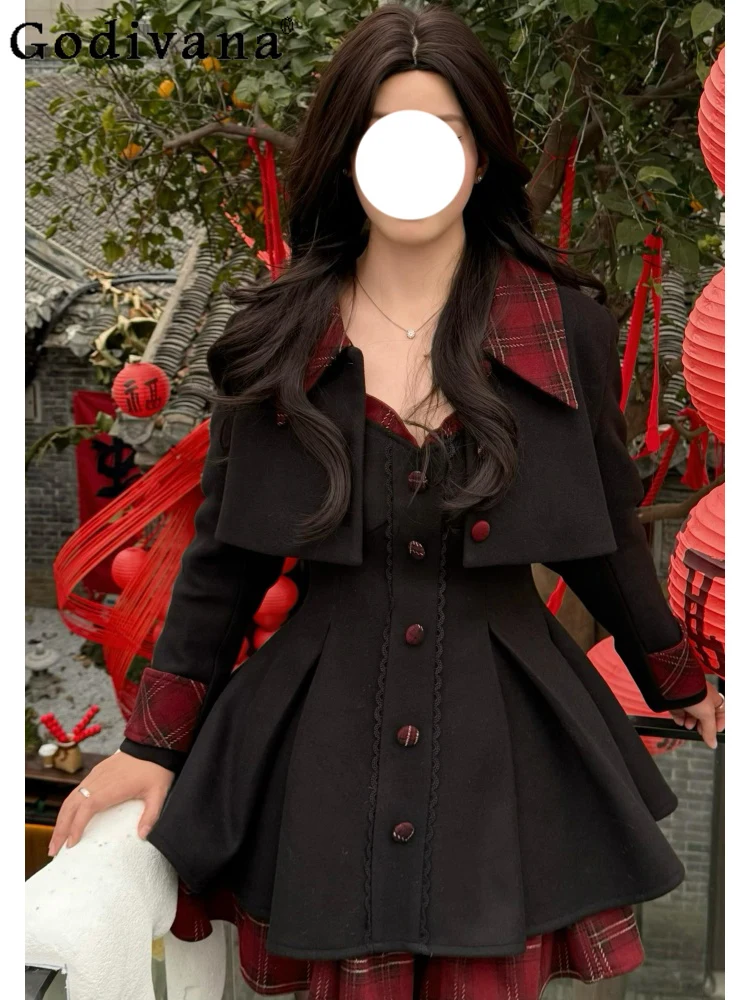 

Весенне-осенняя короткая куртка большого размера с длинными рукавами и высокой талией, модное трапециевидное платье с v-образным вырезом и оборками на подтяжках, комплект из двух предметов для девочек