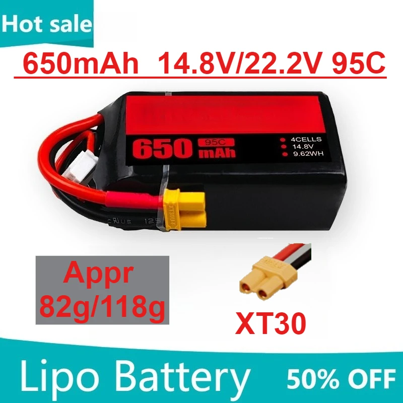 

LiPo Battery with XT30 for Betafpv Pavo20 Pro RC Quadcopter FPV Racing Drone 650mAh 4S/6S 14.8V/22.2V 95C Rechargeable Battery