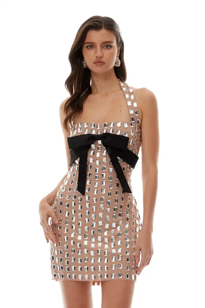 

Элегантное блестящее мини-платье с кристаллами, открытой спиной и воротником-халтер, ретро-стиль, бархат, с бантом, цвета нюд, для коктейльных вечеринок, клубов, свадеб и торжественных мероприятий