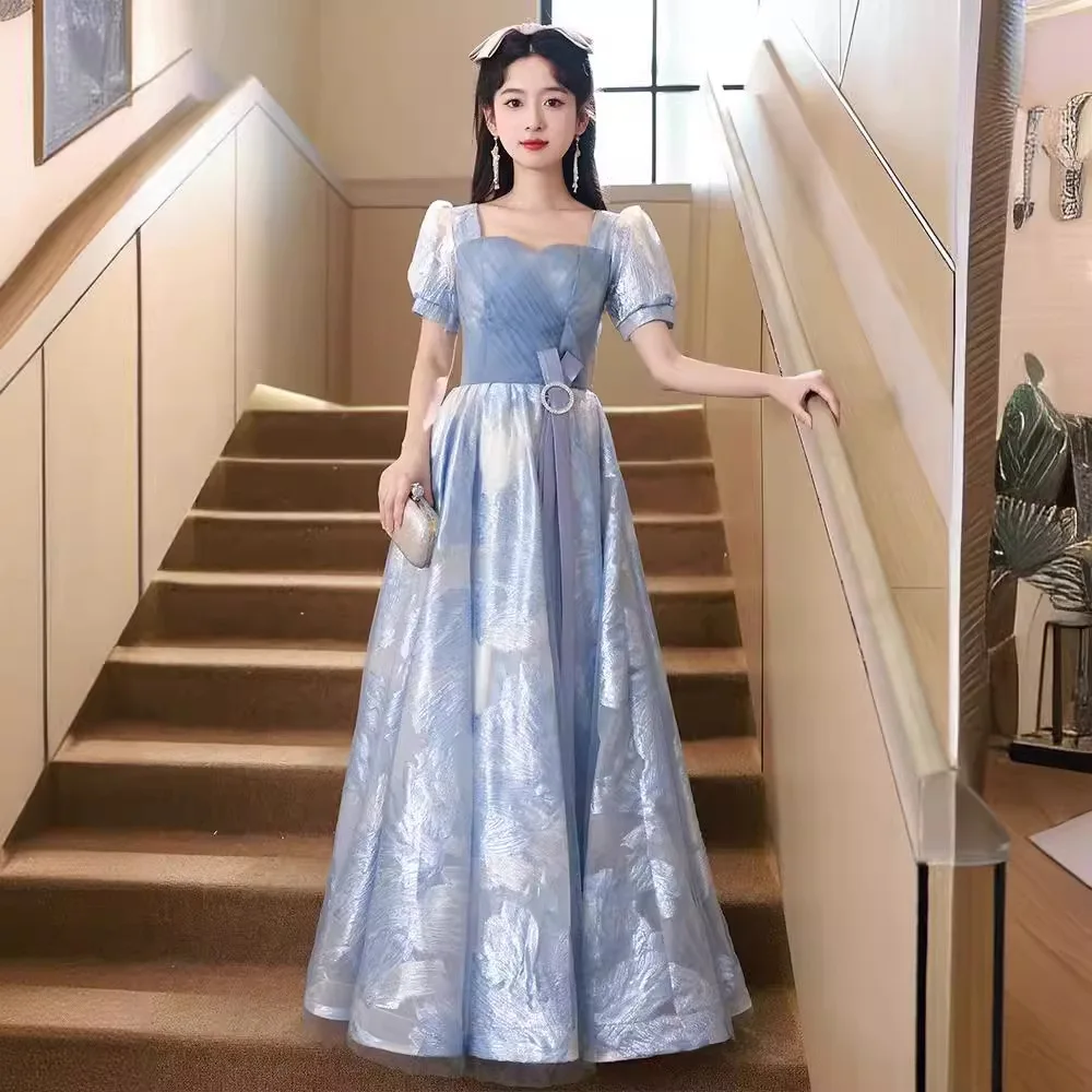 French Style Banquet Evening Dress For Women New Puff Sleeves Temperament Blue Graduation Dresses Exquisite Elegant Prom Gown