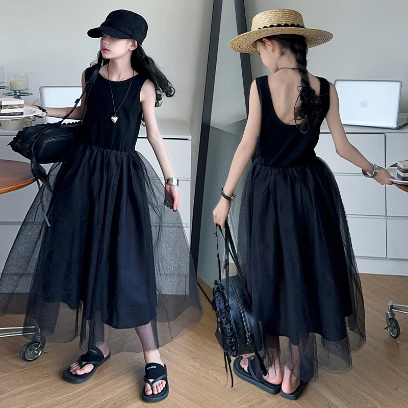 Teen Girls Black Fashion Backless One-Piece Tulle Dress for Kids Summer Sleeveless Patchwork Long Gauze Skirt Children's Costume