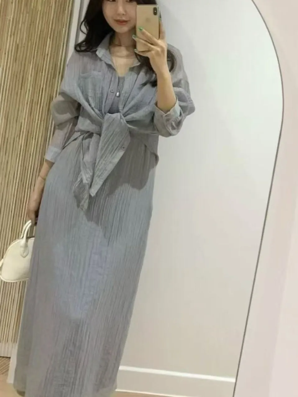 Korean Style Women's Elegant Strap Dress Vintage Collar Shirt Two-Piece Set Long Sleeve Cotton Casual Summer Fashion
