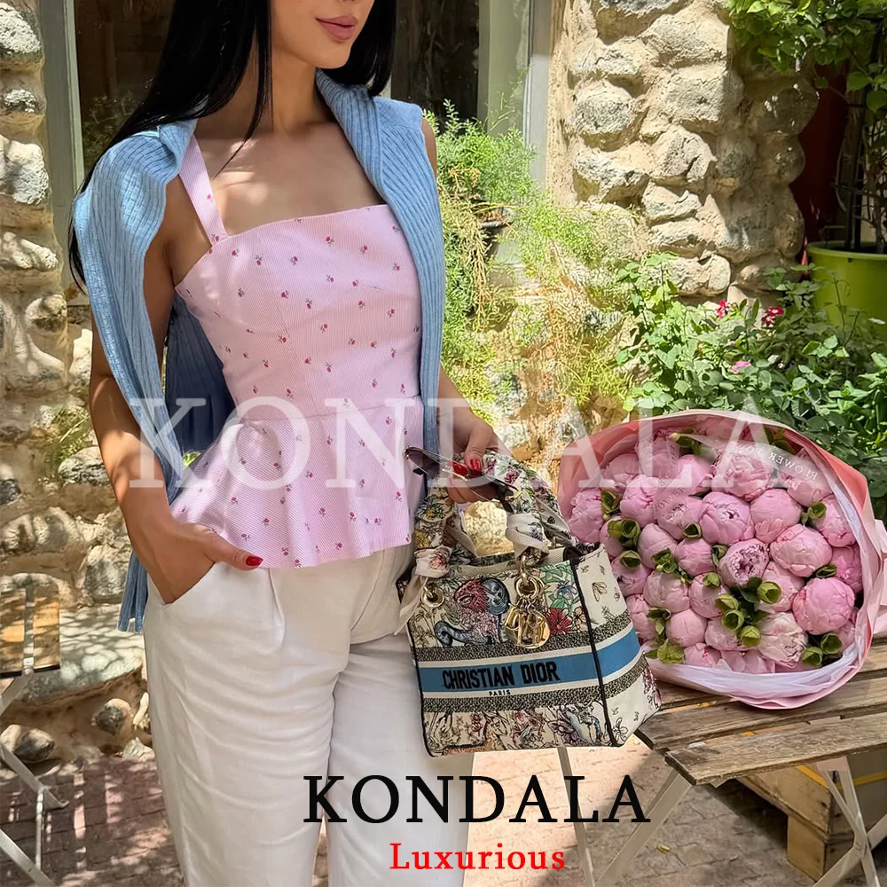 KONDALA Elegant Beach Chic Women Camisole Top Striped Floral Sleeveless Backless Zipper Short Top Fashion 2026 Spring Summer Top