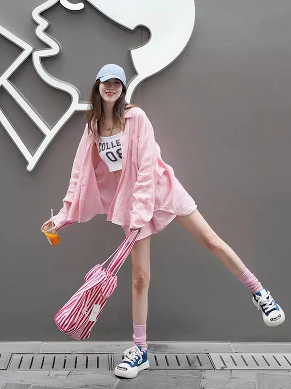 

Женский комплект из двух предметов больших размеров: розовые повседневные брюки с высокой талией и короткими шортами, в корейском стиле, модный наряд для весны и лета