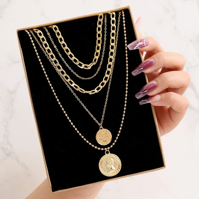 17KM Vintage Gold Multilayered Coin Chain Necklace For Women Men Punk Butterfly Chunky Chain Necklace Party Trendy Jewelry