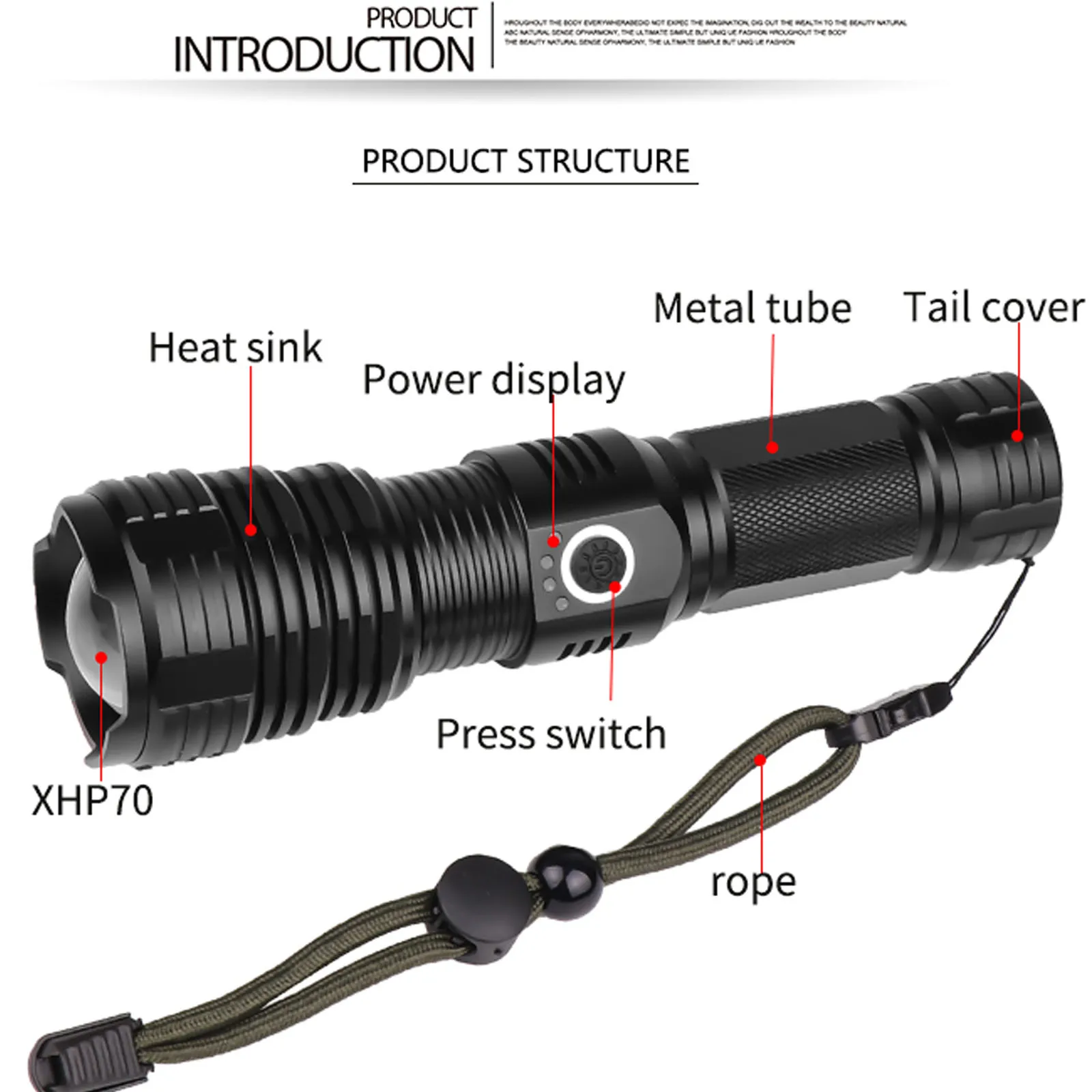 DXHGHYGL 고출력 LED 충전식 손전등, 강력한 USB 충전식 손전등 라이트, 캠핑에 적합, XHP70