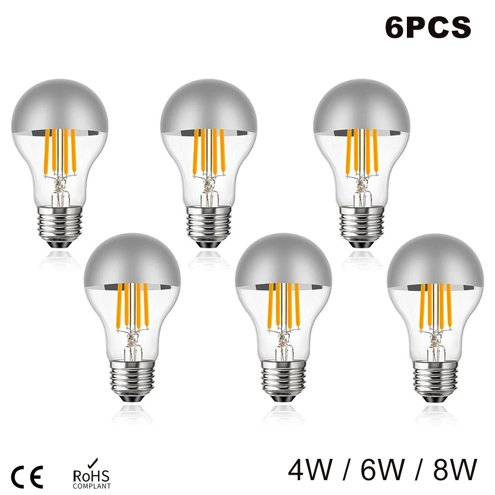

Led Edison Bulbs Mirror Led Bulb 2700k 4500k A19 E27 4W 6W 8W 220V Top Silver bowl Dripped Half Chrome Crown Vintage Light Lamp