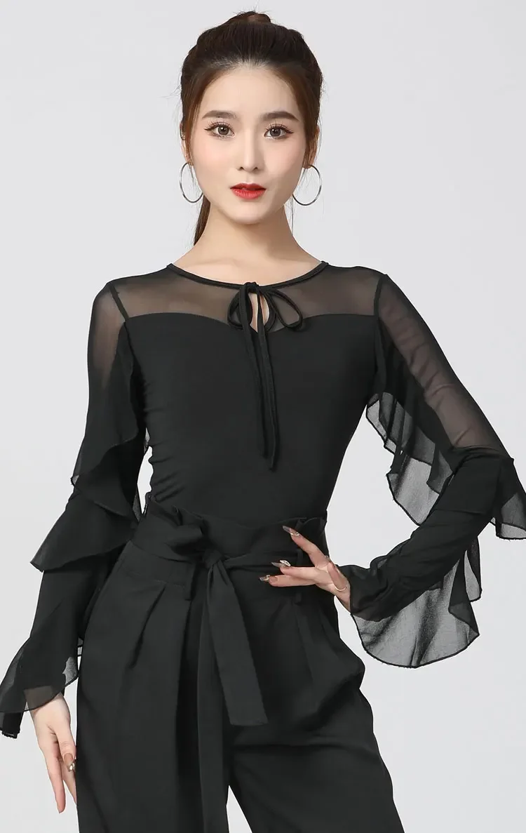 Modern Dance Top Women's New Latin Dance Ruffled Long Sleeve Body National Standard  Performance Friendship Dance Practice