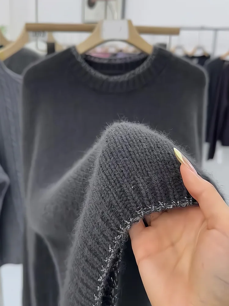 Pullovers Women Sweaters Round Neck Full Sleeve Solid Jumpers Y2k Streetwear Elegant Splice Knit Casual Loose Autumn Winter 2025