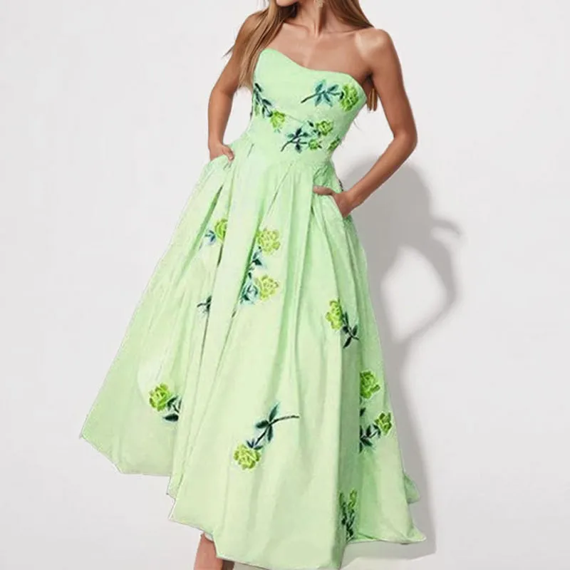 Sleeveless Tube Top Floral Print Fashion Dress Womens Summer Large Swing Elegant Dress High Waist Commuting All-match Long Skirt