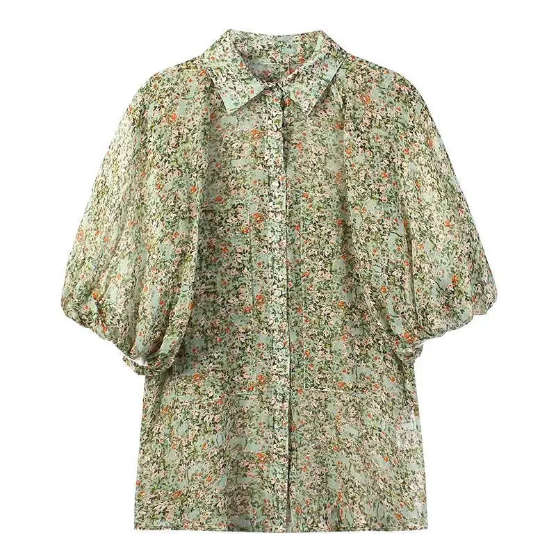 Women\'s Top Loose Elegant Puff Sleeve Floral Printed Blouse Summer Korean All-match Turn-down Collar Shirt Female Clothing